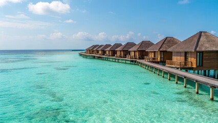 luxury island resorts with overwater villas Tropical overwater bungalows set against a clear blue ocean under a bright sky.