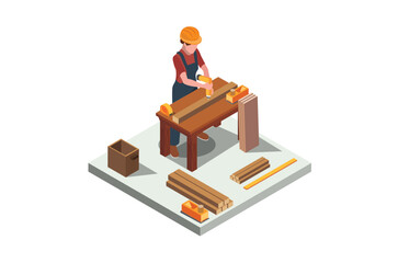 Isometric illustration carpenter sawing board with saw, vector illustration