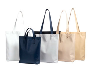Five tote bags, various colors and sizes, arranged in a row with clean white background
