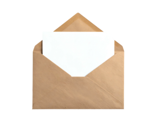 Open brown paper envelope with white blank card inside, against a transparent background