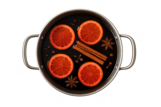 Mulled wine preparation in pot on transparent background