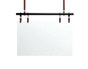 A blank rectangular sign suspended from a dark metal bar, leather cords hold it in place