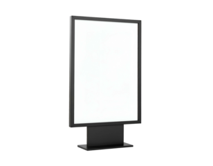 A freestanding, upright rectangular display with a blank white screen, isolated on black