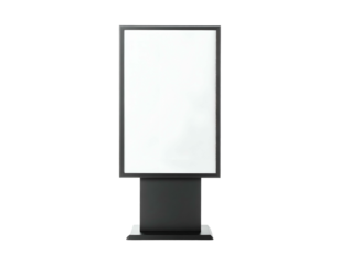 A standalone, rectangular display unit with an empty white screen and a dark, minimalist frame