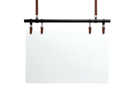 A blank rectangular sign suspended from a dark metal bar, leather cords hold it in place