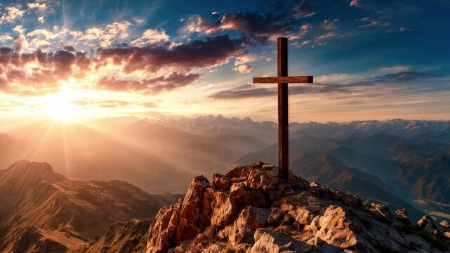 Wooden cross standing on rocky mountain summit at beautiful bright sunset or sunrise
