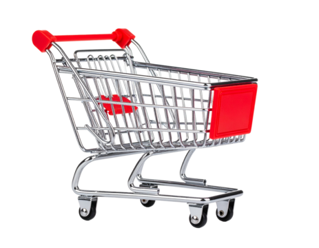 A miniature shiny shopping cart with red accents, isolated against a solid black background