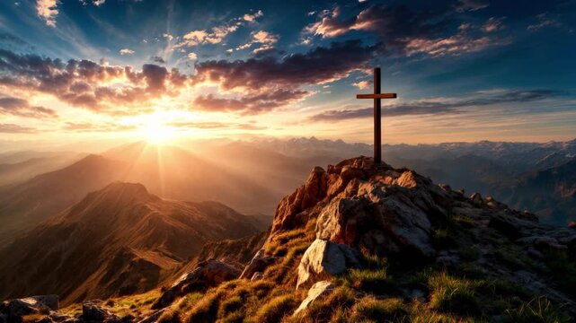 Religious wooden cross standing high on a rocky mountain peak during a beautiful golden sunset