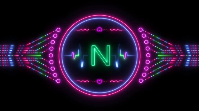 Sci-fi inspired glowing neon design showing data flow and pulse signals around letter N. Concept of artificial intelligence, communication, and digital transformation.