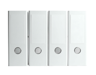 Four plain, white office binders aligned against a black background, with silver eyelets