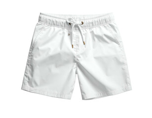 Bright white drawstring swim trunks with pockets and a casual, comfortable appearance