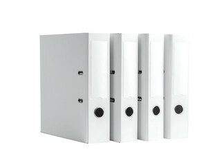 Four white, three-ring binders in a stack, set against a solid black background