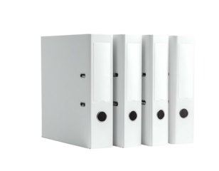 Four white, three-ring binders in a stack, set against a solid black background