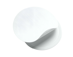 Overhead studio shot of white round container with lid partially peeled back