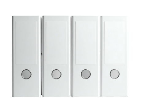 Four plain, white office binders aligned against a black background, with silver eyelets - Powered by Adobe