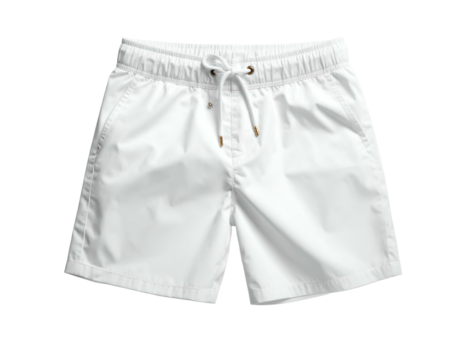 Bright white drawstring swim trunks with pockets and a casual, comfortable appearance