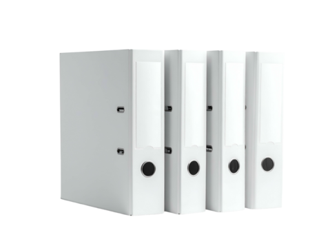 Four white, three-ring binders in a stack, set against a solid black background