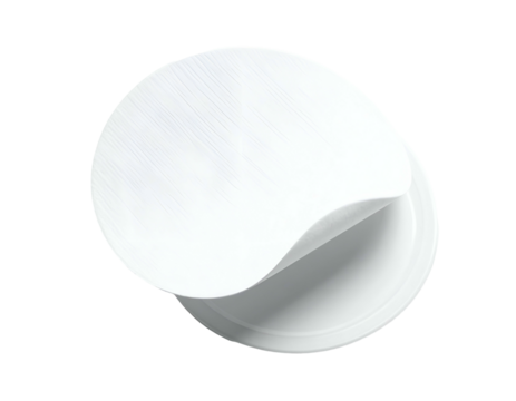 Overhead studio shot of white round container with lid partially peeled back