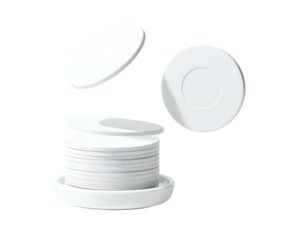 Stacked and separate white saucers and coasters floating against a solid black background