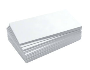 A stack of bright white rectangular cards against a solid black background, slightly angled