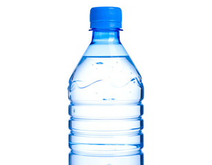 Fototapeta premium A translucent water bottle, mostly filled, with a blue cap against a black background