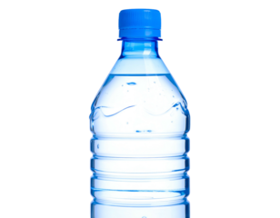 A translucent water bottle, mostly filled, with a blue cap against a black background