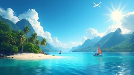 Naklejka premium Tropical Beach Paradise – Turquoise Coastline with Palms, Sailboat, and Scenic Sky Activity