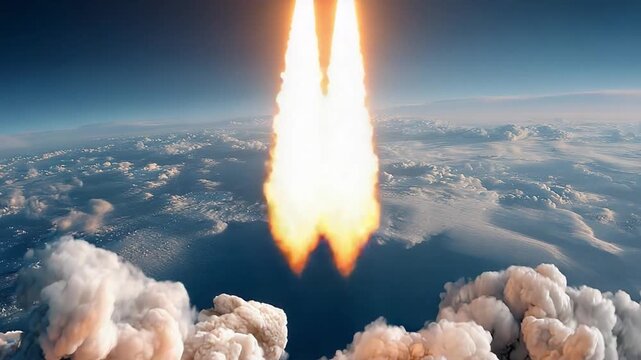 Ascending Ambition: A powerful rocket launches into the vast expanse of space, leaving a trail of fire and smoke as it ventures into the unknown, a symbol of human aspiration and exploration.