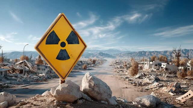 Nuclear Warning Sign: A stark yellow sign stands prominently amidst the desolation of a post-apocalyptic landscape, warning of the unseen dangers of nuclear fallout and radiation.