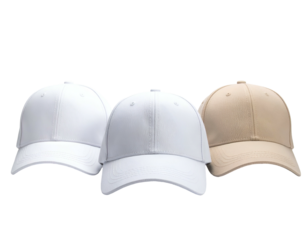 Three plain baseball caps, varying in color, arranged in a slightly curved line