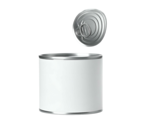 A close-up rendering of a cylindrical, open tin can, lid suspended above