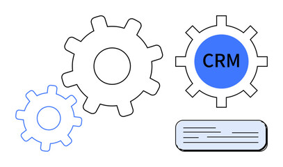 Three interconnected gears with CRM labeled on one, adjacent to a document-style element. Ideal for process automation, customer relationship management, team efficiency, collaboration, workflow