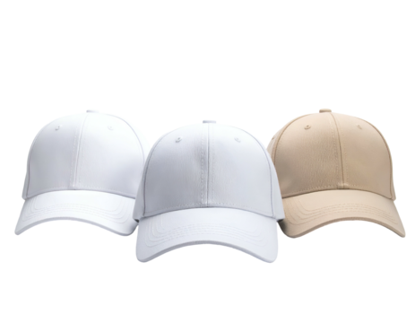 Three plain baseball caps, varying in color, arranged in a slightly curved line