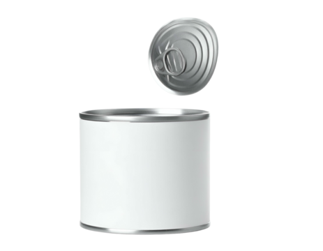 A close-up rendering of a cylindrical, open tin can, lid suspended above