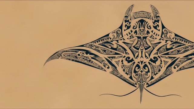 Intricate Manta Ray Tribal Art Tattoo Design. Stylized Polynesian oceanic animal illustration on a warm brown background.