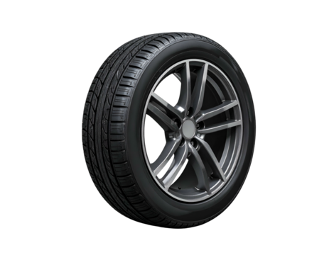 Close-up studio shot of a sleek black tire and silver-toned alloy wheel against a solid black backdrop