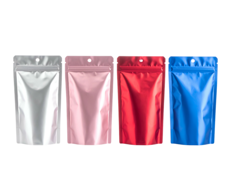 Four vertically-oriented colorful glossy foil pouch bags with zip closures, isolated