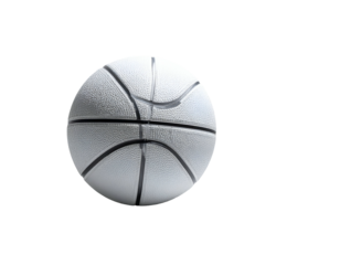 A 3D-rendered, textured, gray basketball, isolated against a black background