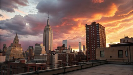 Fototapeta premium cinematic sunset urban scene Stunning skyline view of New York City at sunset with dramatic clouds and iconic buildings.