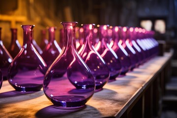 Artisans crafting purple glass bottles in a glassblowing workshop, showcasing traditional glassmaking techniques