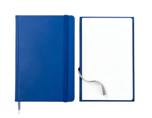 Close-up of a blue notebook, closed and open, with a ribbon bookmark