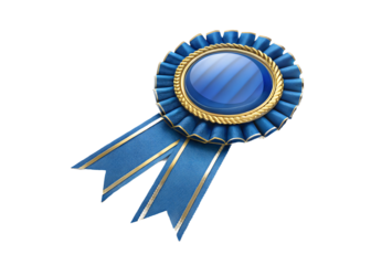 A detailed blue and gold rosette ribbon award with two flowing tails isolated on transparent background