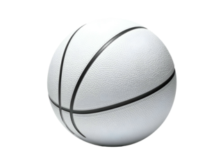 A basketball, rendered in white with black stripes, isolated against a black background