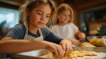 Close-up of children’s hands carefully decorating gingerbread cookies at a kitchen table, emotion of concentration and happiness visible, representing Christmas baking traditions, childhood