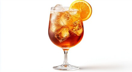 High-resolution close-up of an isolated Aperol Spritz cocktail served in a wine glass with ice cubes, orange slice, and sparkling bubbles on a clean white background