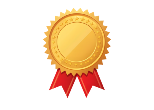 Golden award ribbon medal with red ribbons and starburst edges representing achievement and recognition isolated on transparent background