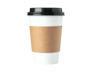 A white disposable cup with a black lid and brown sleeve, isolated on a black background