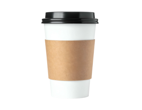 A white disposable cup with a black lid and brown sleeve, isolated on a black background