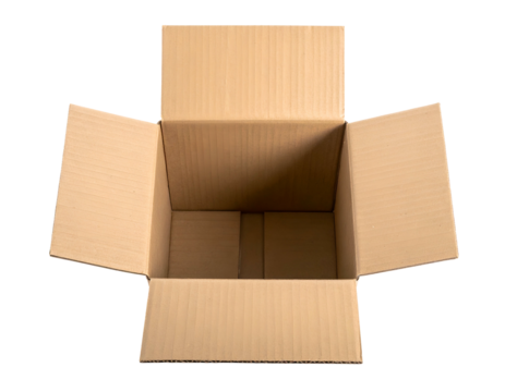 A close-up, top-down shot of an empty, open cardboard box with flaps outstretched