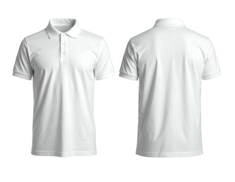 Front and back view of a plain white polo shirt, isolated on a dark background